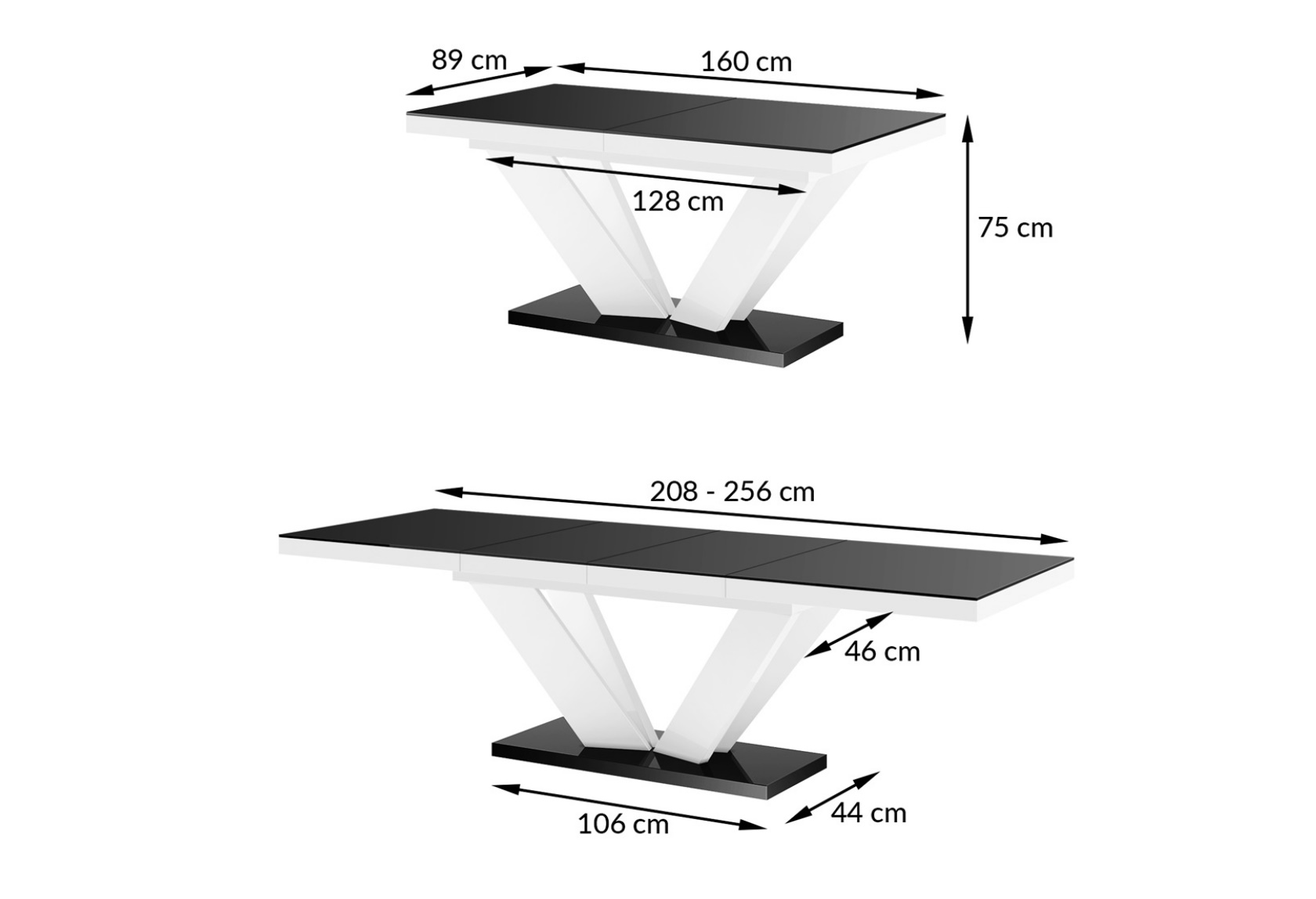 stół rozkładany w wysokim połysku viva 2, wymiary